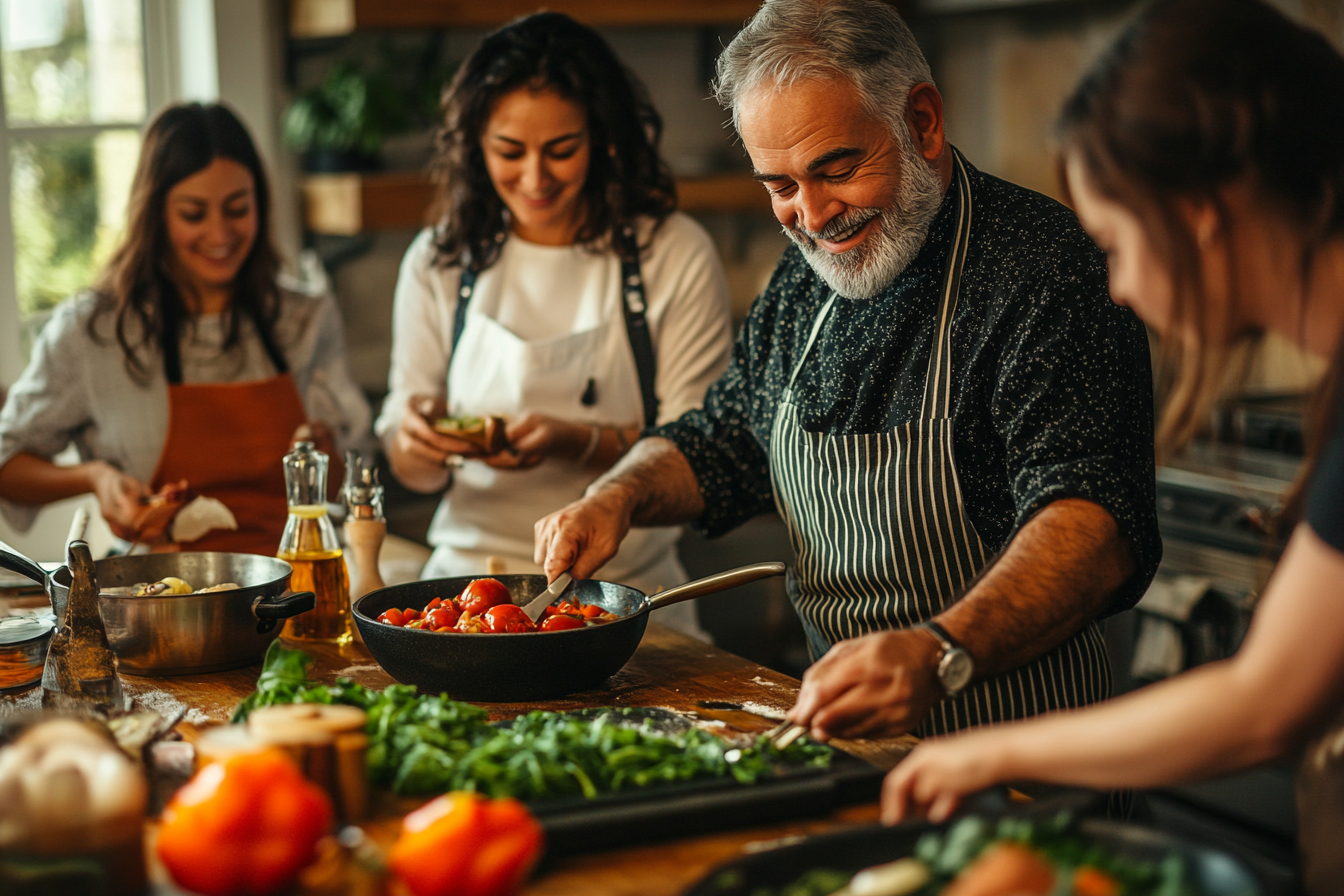 Щаслива сім'я готує здорову їжу разом - літні батьки з дітьми та онуками на кухні