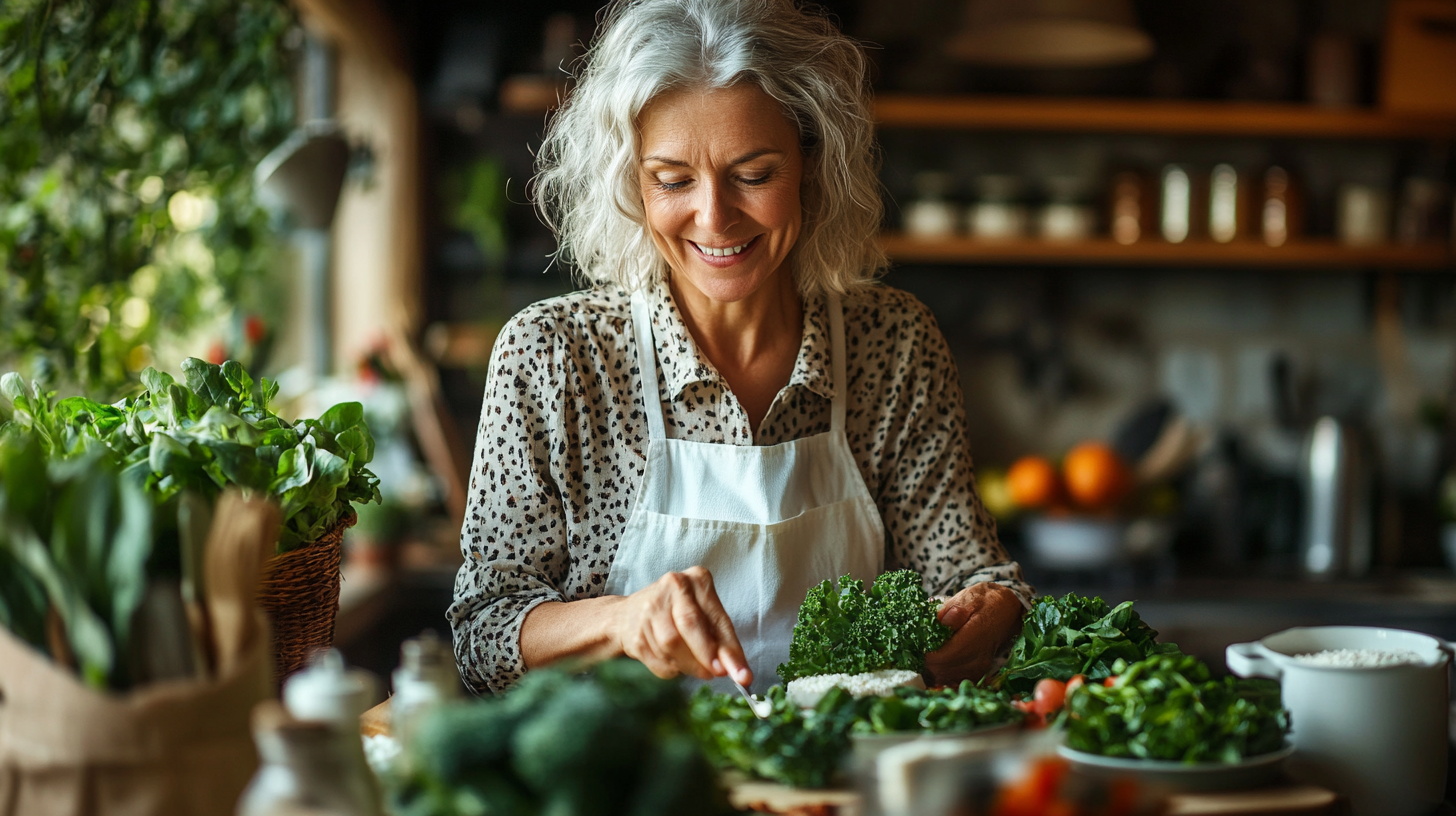 Активні літні люди насолоджуються здоровою їжею - чоловік та жінка 60+ років за обіднім столом з свіжими овочами та фруктами